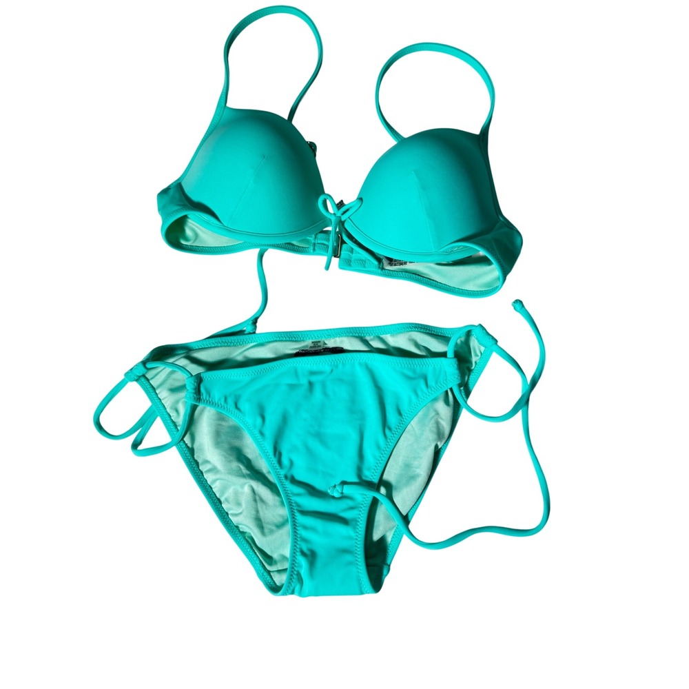Victoria's Secret Turquoise Push Up Bikini Set 36B Top Small Bottoms Aqua Tie